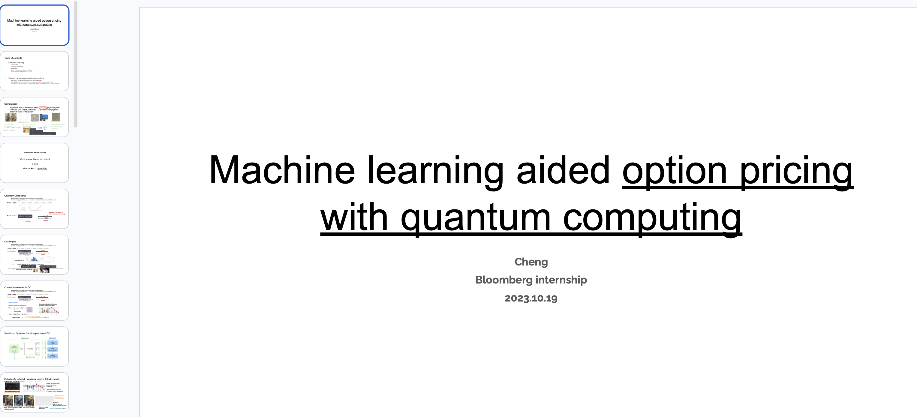 Bloomberg internship presentation: Machine learning aided option pricing with quantum computing